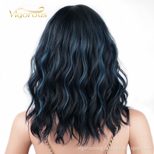 Hot Selling Water Wave With Bang Bob Mixed Blue Black Manufacturers High Quality Cheap Heat Resistant Synthetic Wigs
